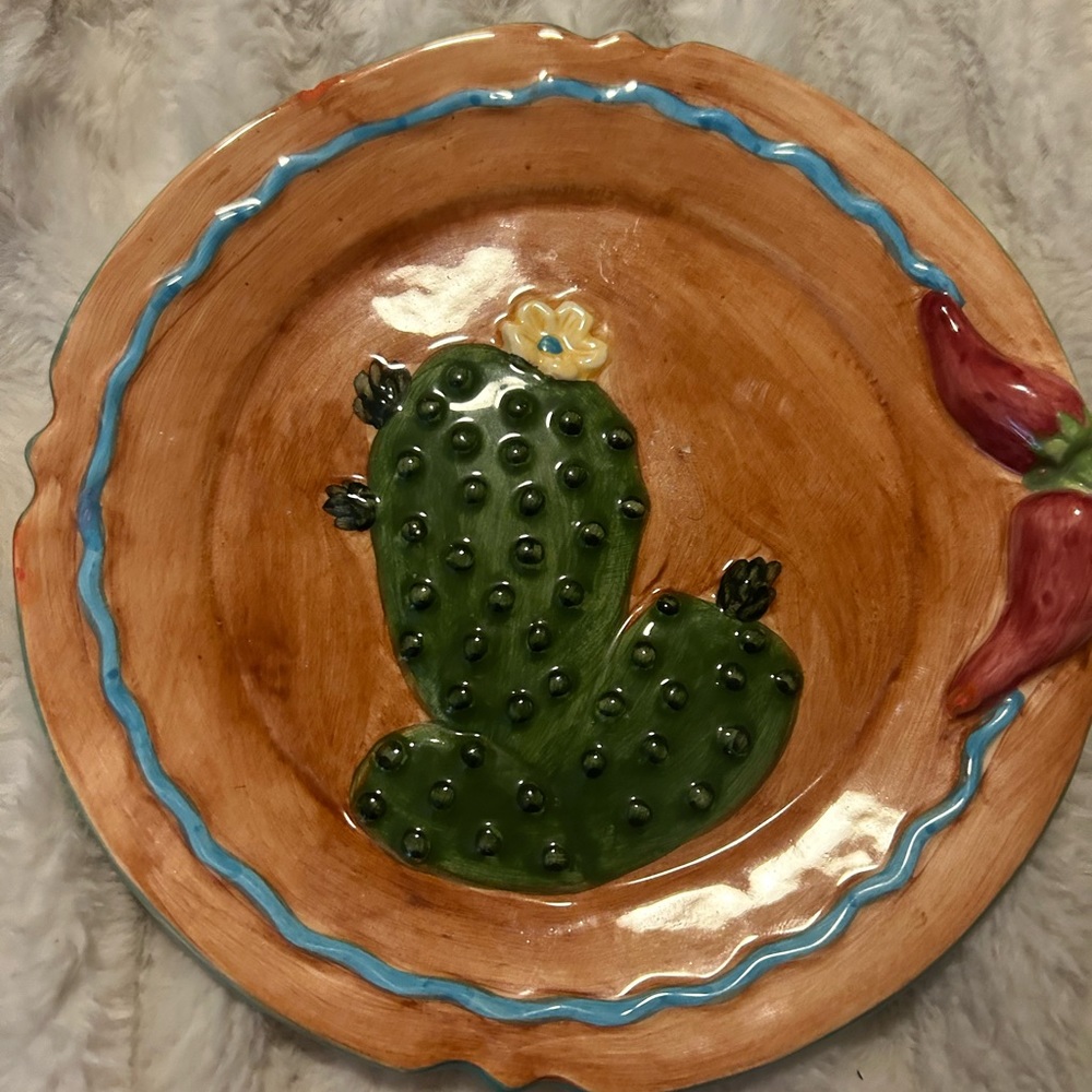 Vintage Kitsch Lotus 1999 Cactus Handcrafted Stoneware Plate